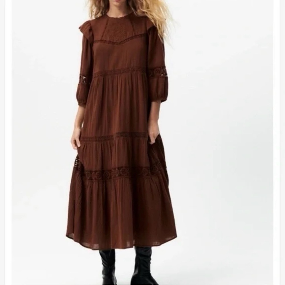 Zara Brown Embroidered Midi Bohemian Cottagecore Dress